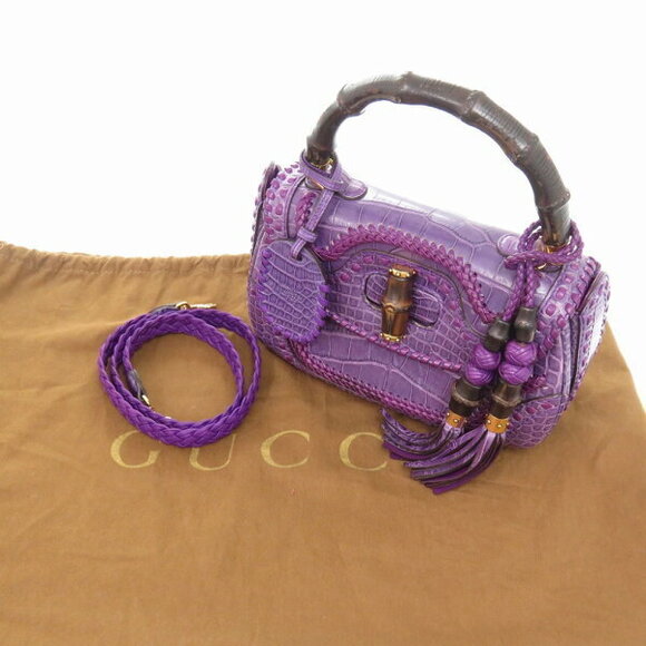 Gucci Bamboo Alligator Fringe Tassel Shoulder Handbag Crocodile Purple - Picture 2 of 8